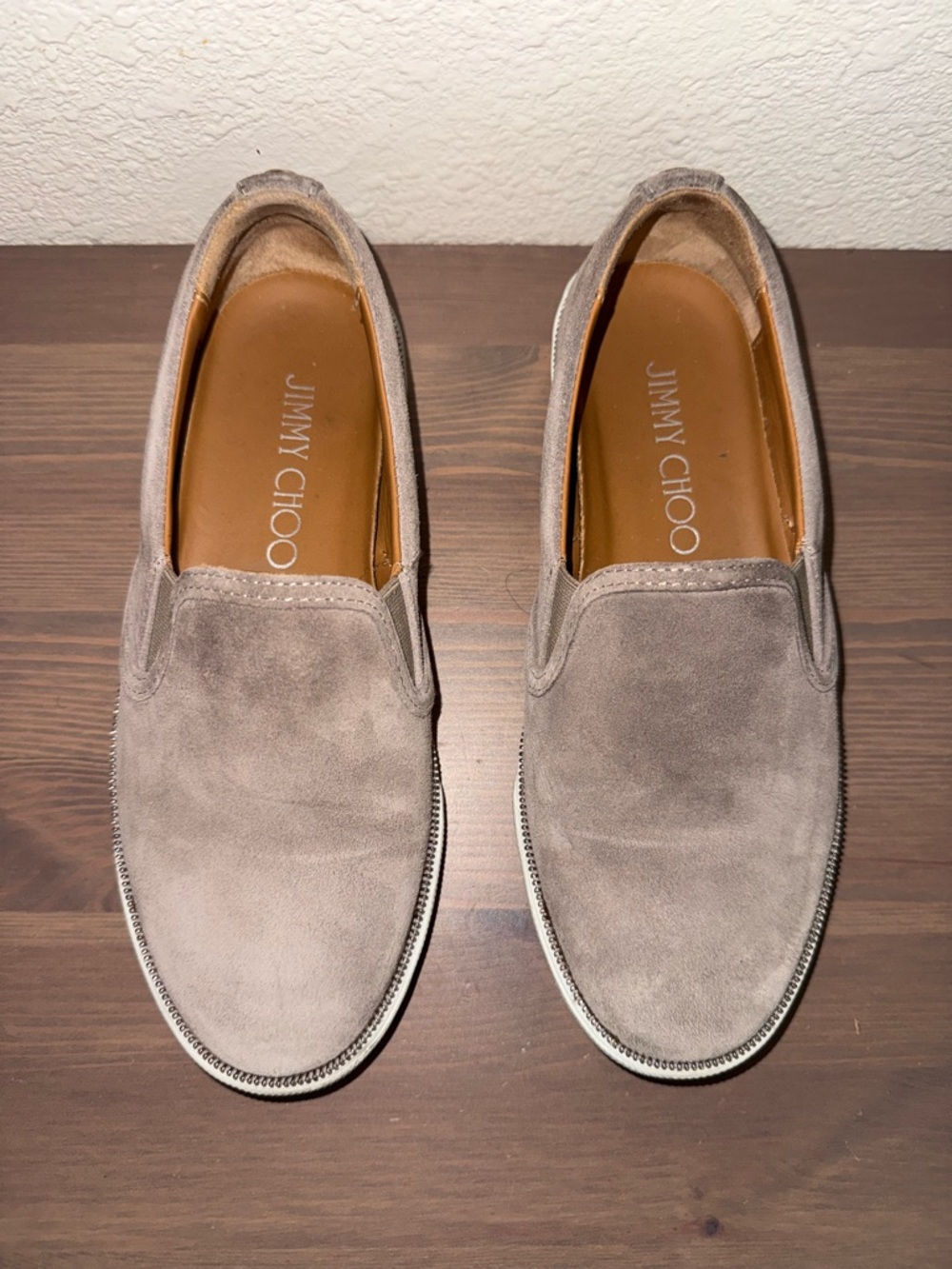 Jimmy Choo Men’s Taupe Suede Slip-On Loafers